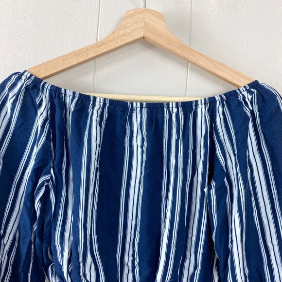 Show Me Your Mumu Navy Blue and White Striped Off Sleeve Crop Top Size X-Small - Picture 5 of 7